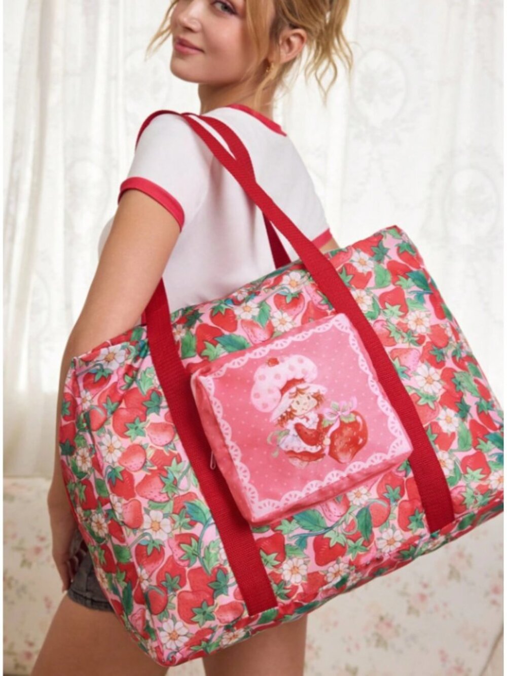 Strawberry Shortcake Travel Tote Bag – Pink Floral Carryall with Pouch